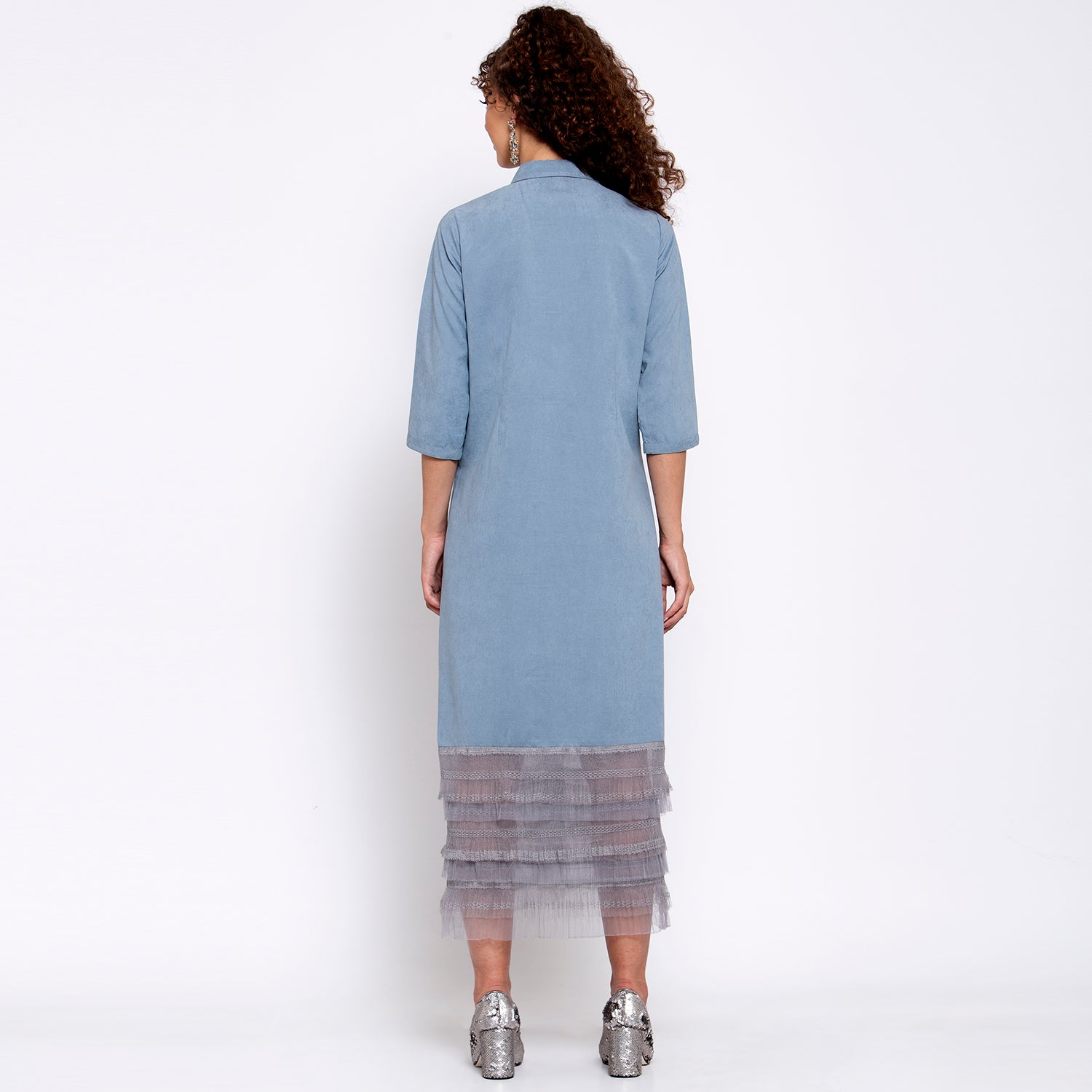 Blue Long Dress With Grey Frill At Bottom