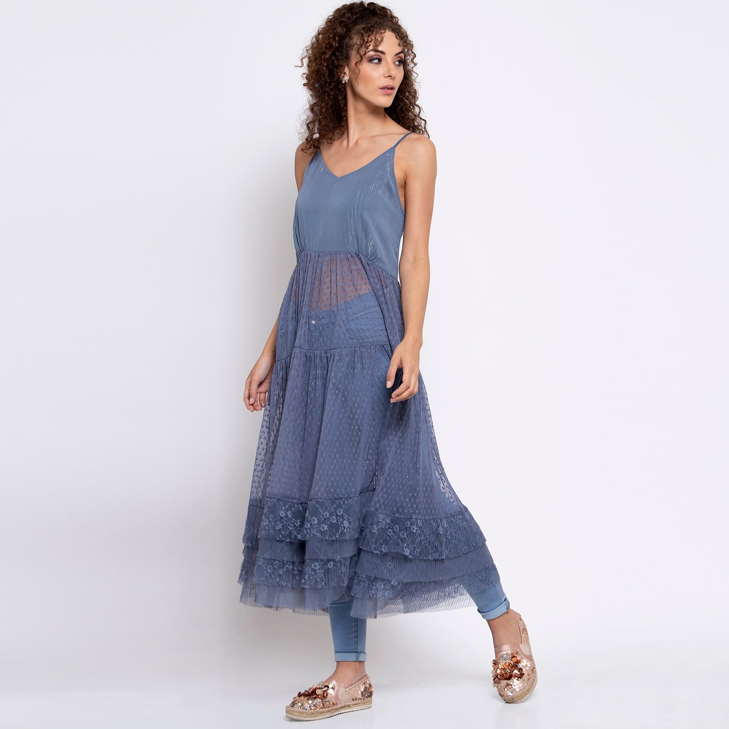 Blue Dotted Net Dress With Frill