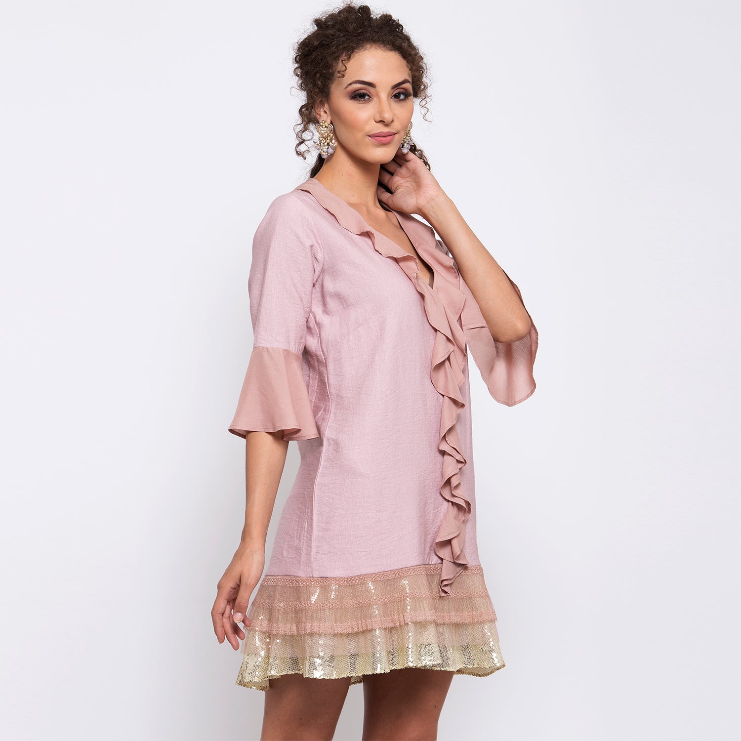 Pink Linen Frill Dress With Sequins Embroidery At Bottom