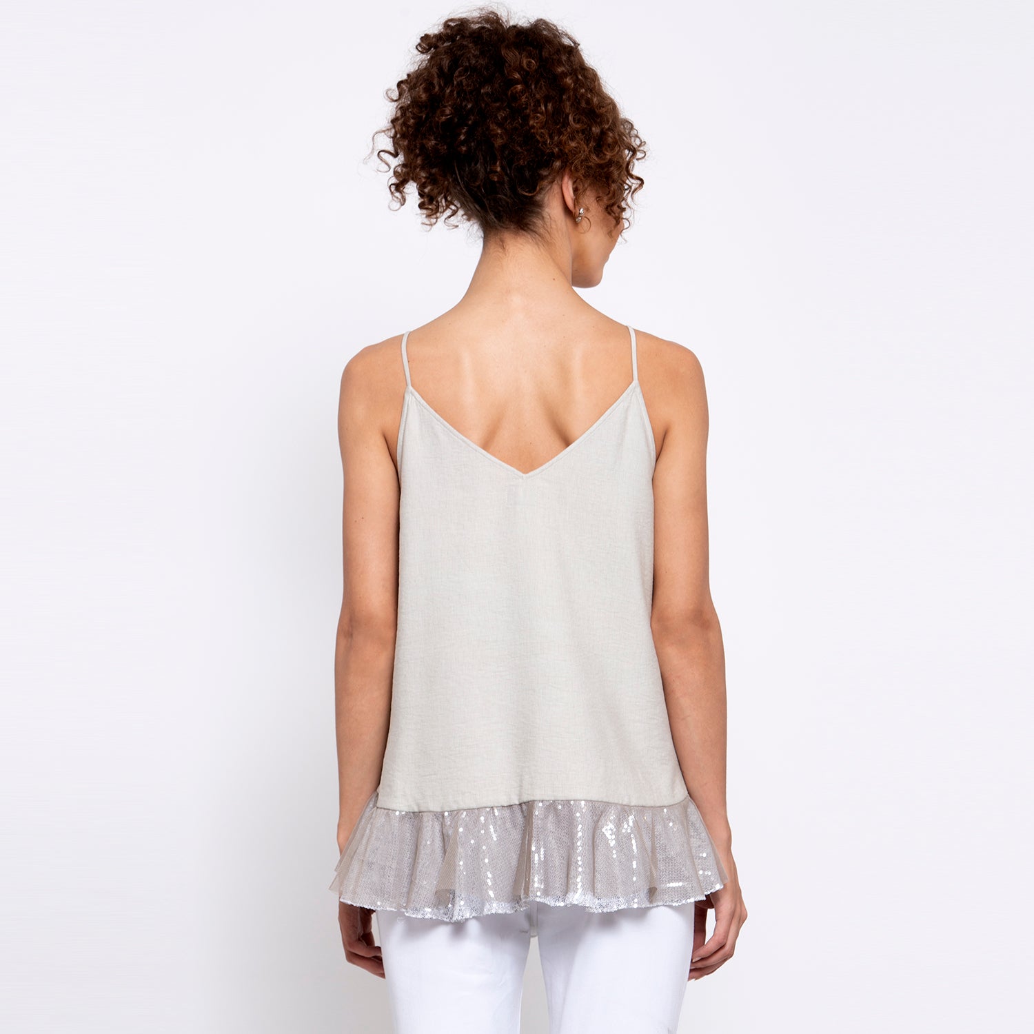 Beige Linen Top With Silver Sequins Frill & Embroidery At Neck