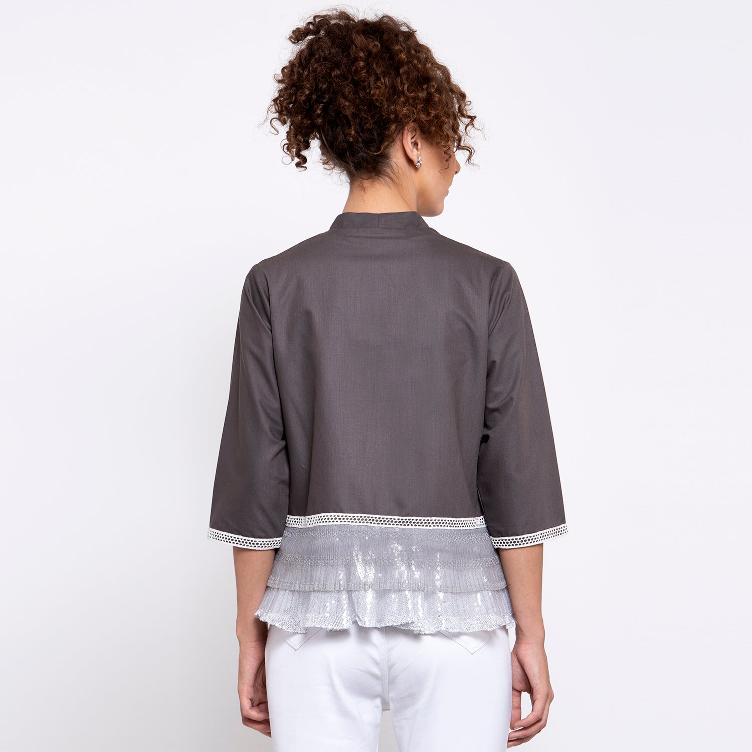 Grey Mix & Match Jacket With Sequins Frill At Shoulder