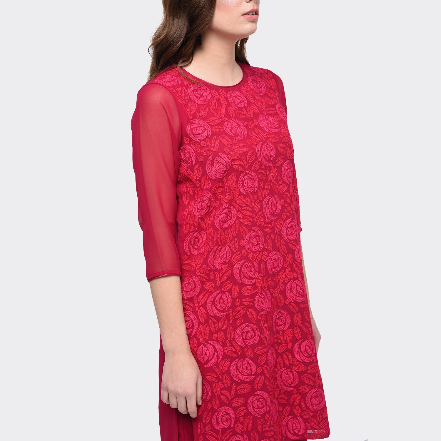 Pink Georgette Asymmetrical Tunic With Rose Embroidery At Neck