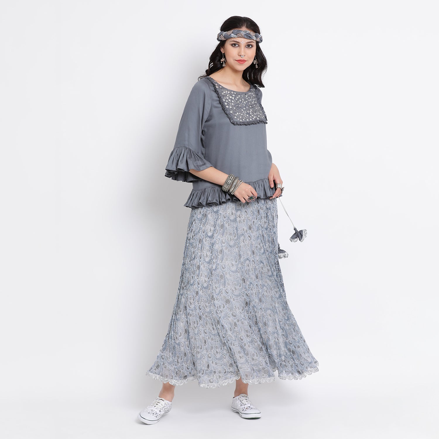 Blue flower printed chiffon crinkle skirt with lace