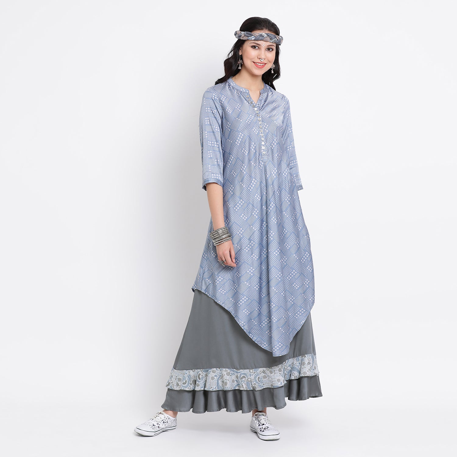 Stone Blue long skirt with printed frill at bottom
