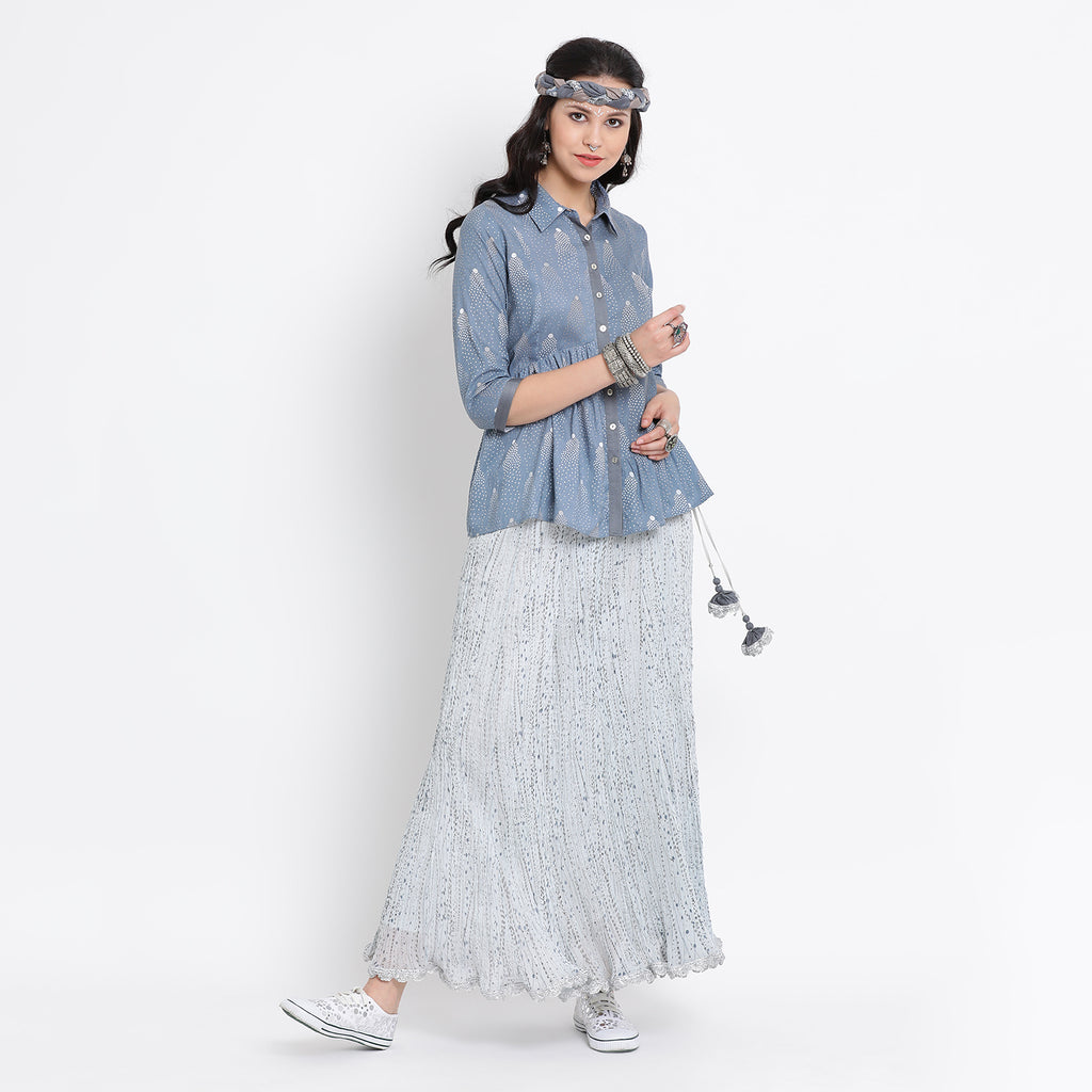 Light blue polka printed chiffon crinkle skirt with lace