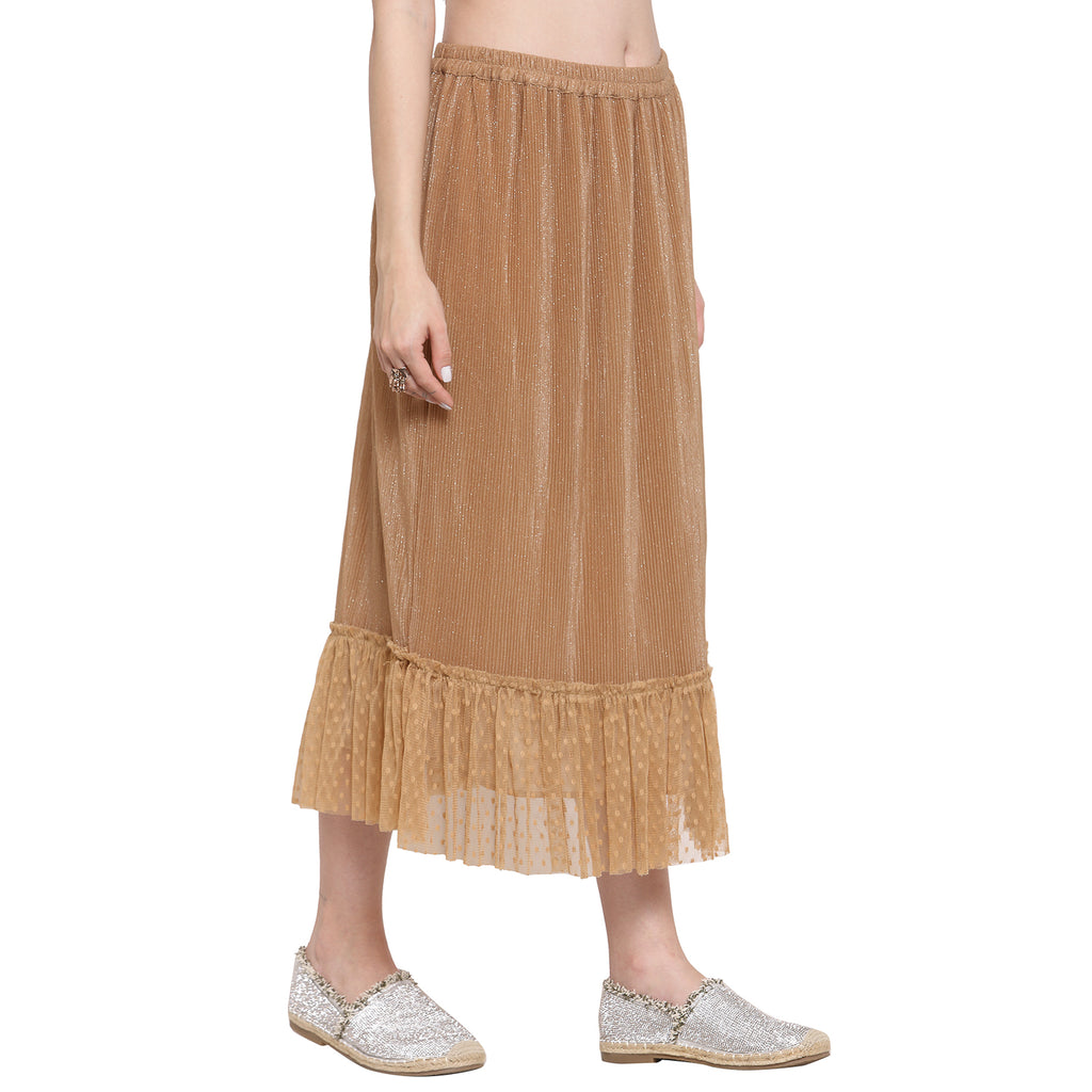 Beige Plisse Long Skirt With Frill