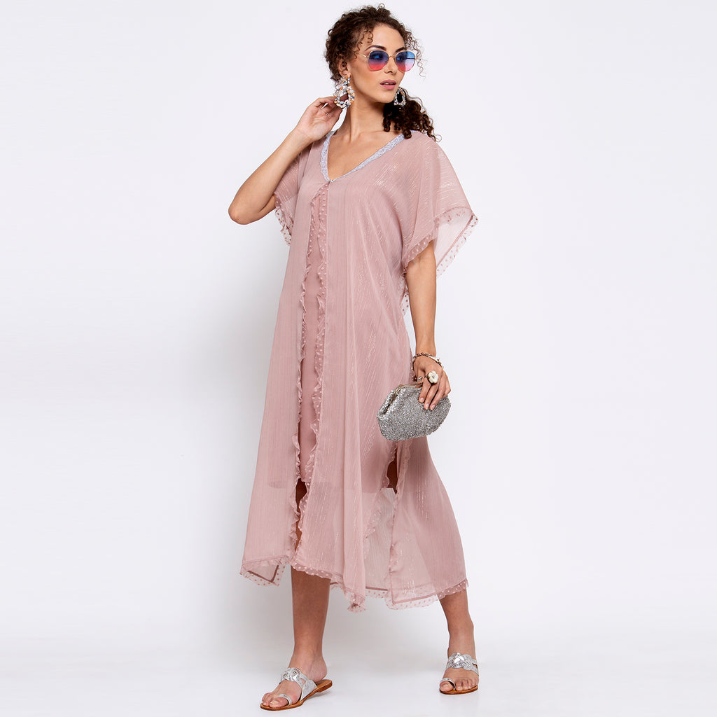 Pink Lurex Kaftan With Sequins Embroidery At Neck