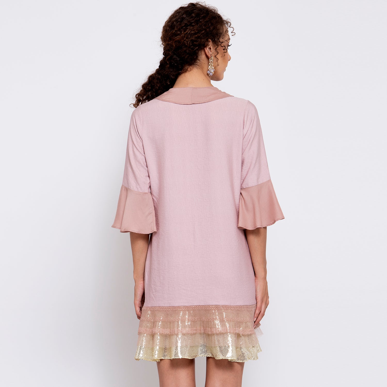 Pink Linen Frill Dress With Sequins Embroidery At Bottom