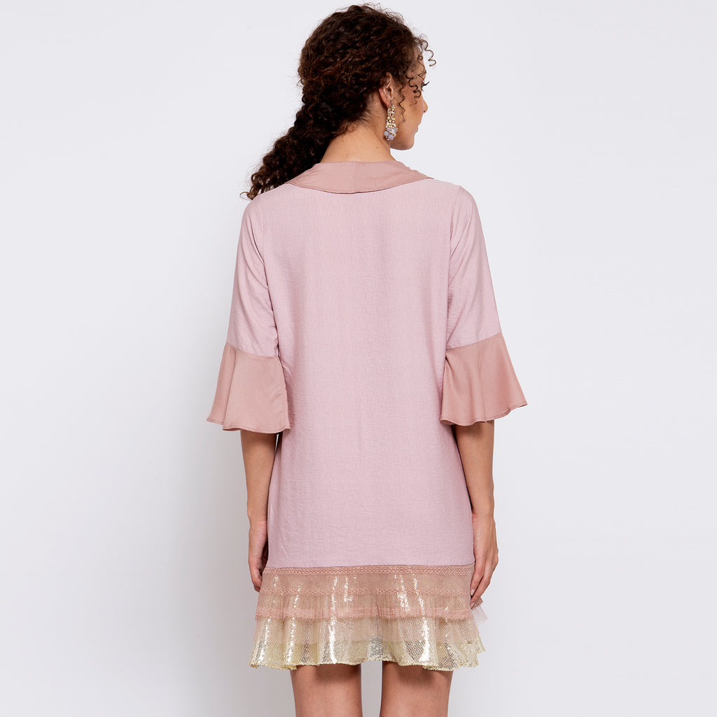 Pink Linen Frill Dress With Sequins Emboidery At Bottom