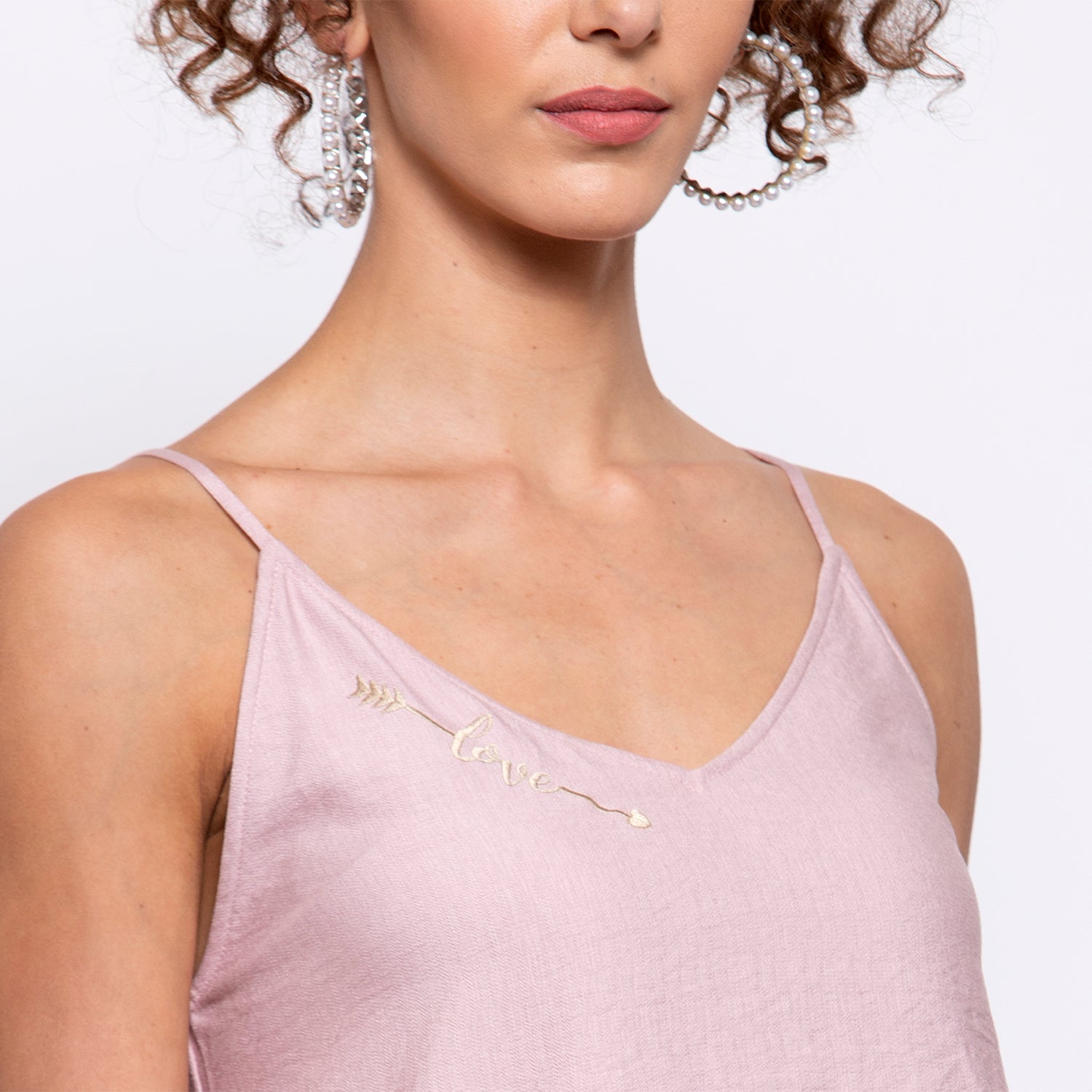 Pink Linen Top With Golden Sequins Frill & Embroidery At Neck