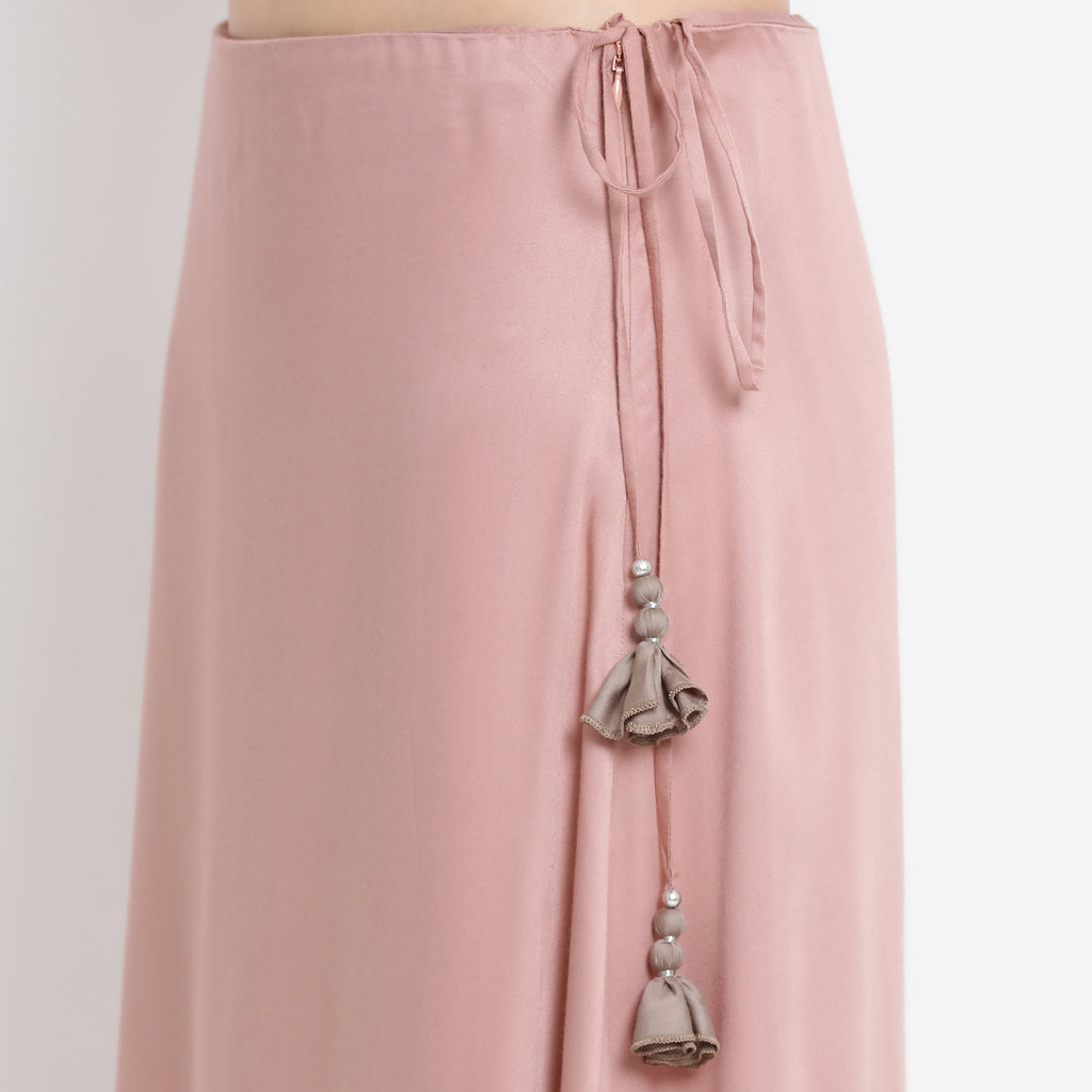 Pink long skirt with grey frill at bottom