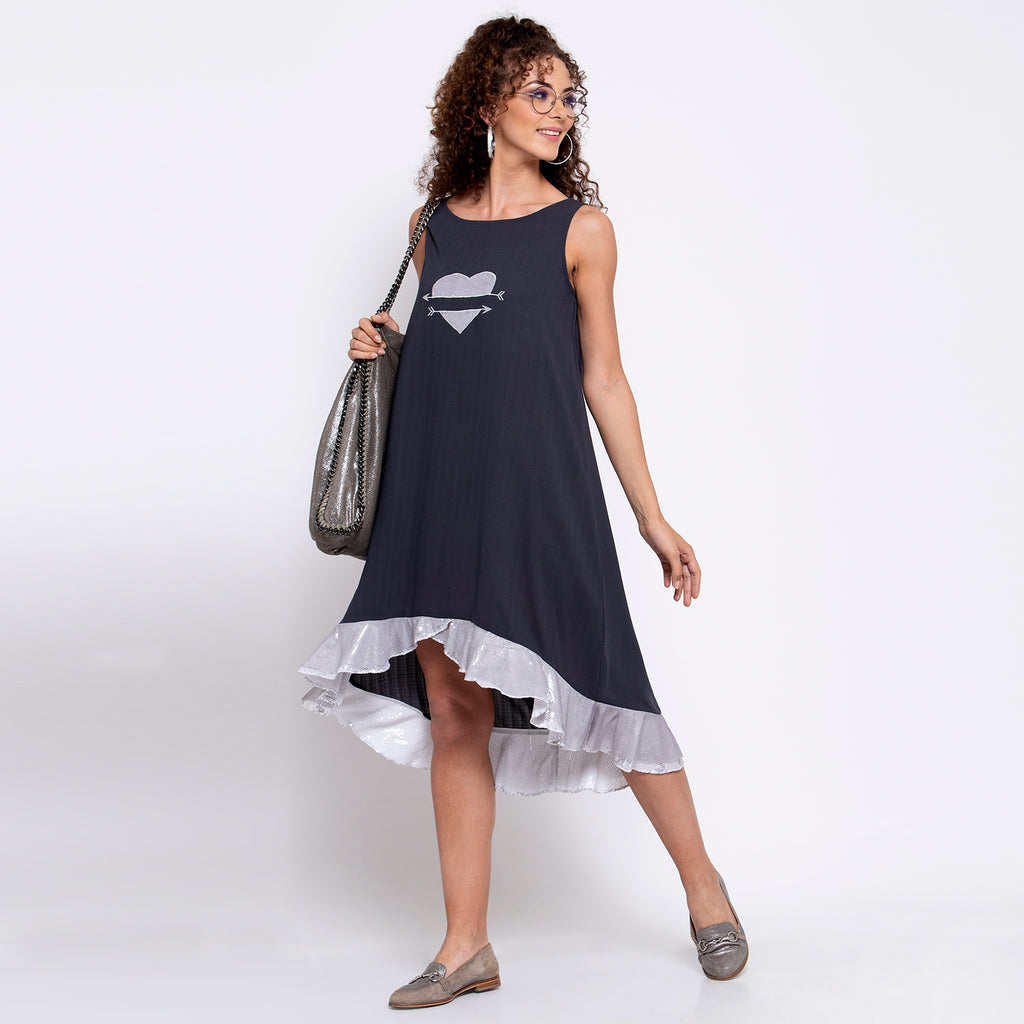 Grey Dress With Sequins Frill And Heart Embroidery