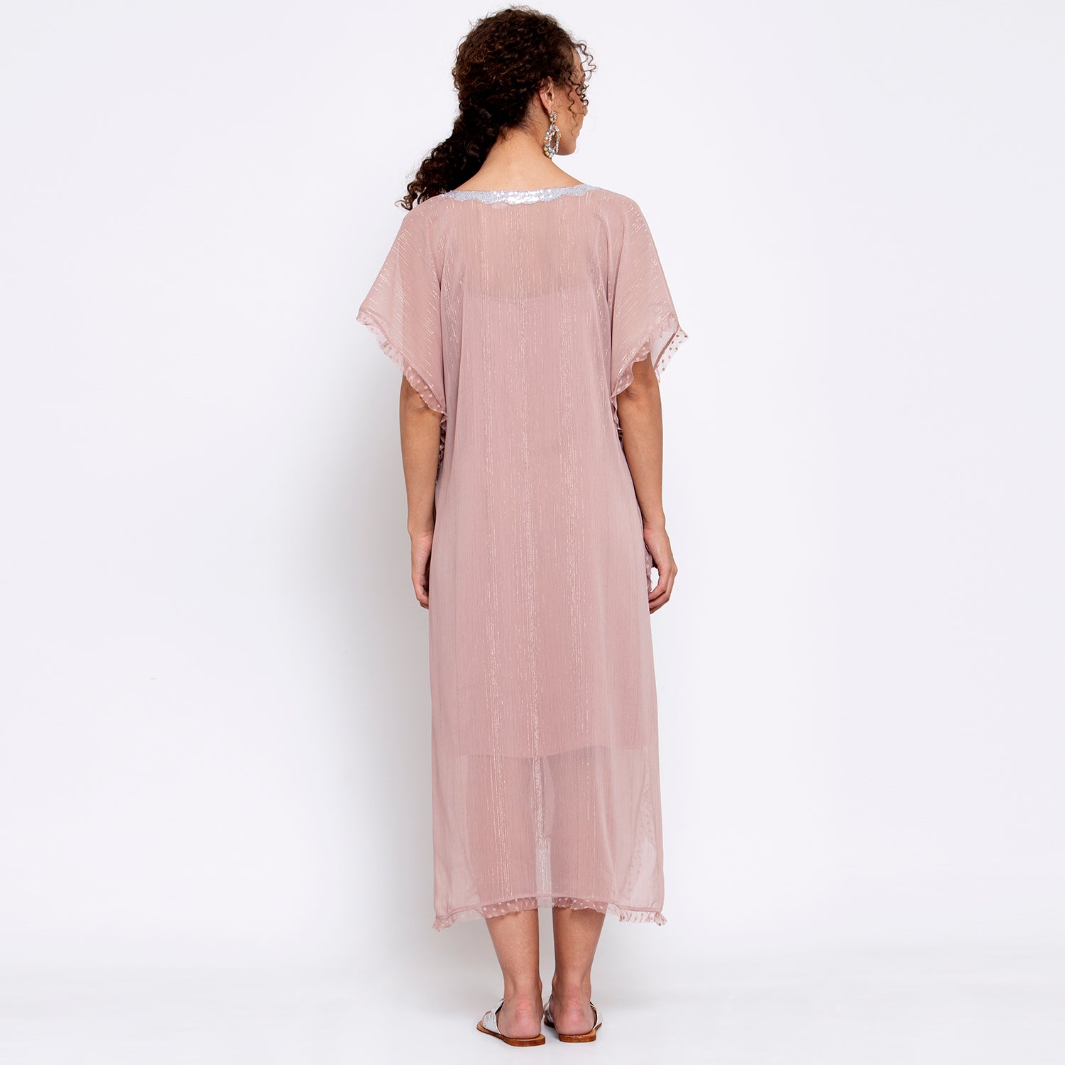 Pink Lurex Kaftan With Sequins Embroidery At Neck