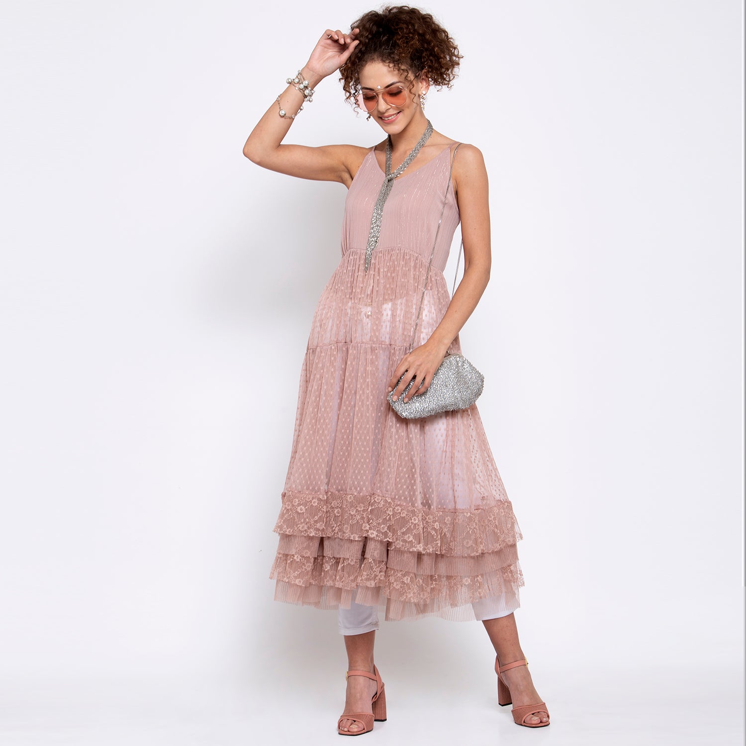 Pink Dotted Net Dress With Frill