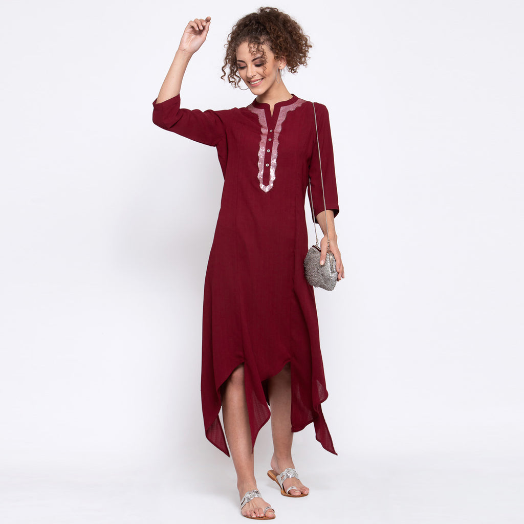 Maroon Traingle Dress With Sequins Embroidery