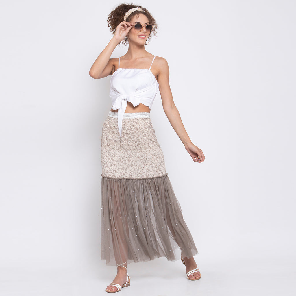 Beige Printed And Net Skirt