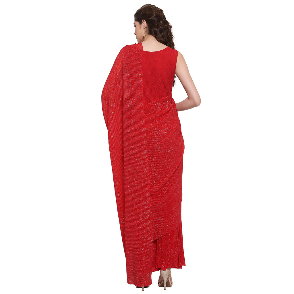 Red drepe saree with net and plisse fabric
