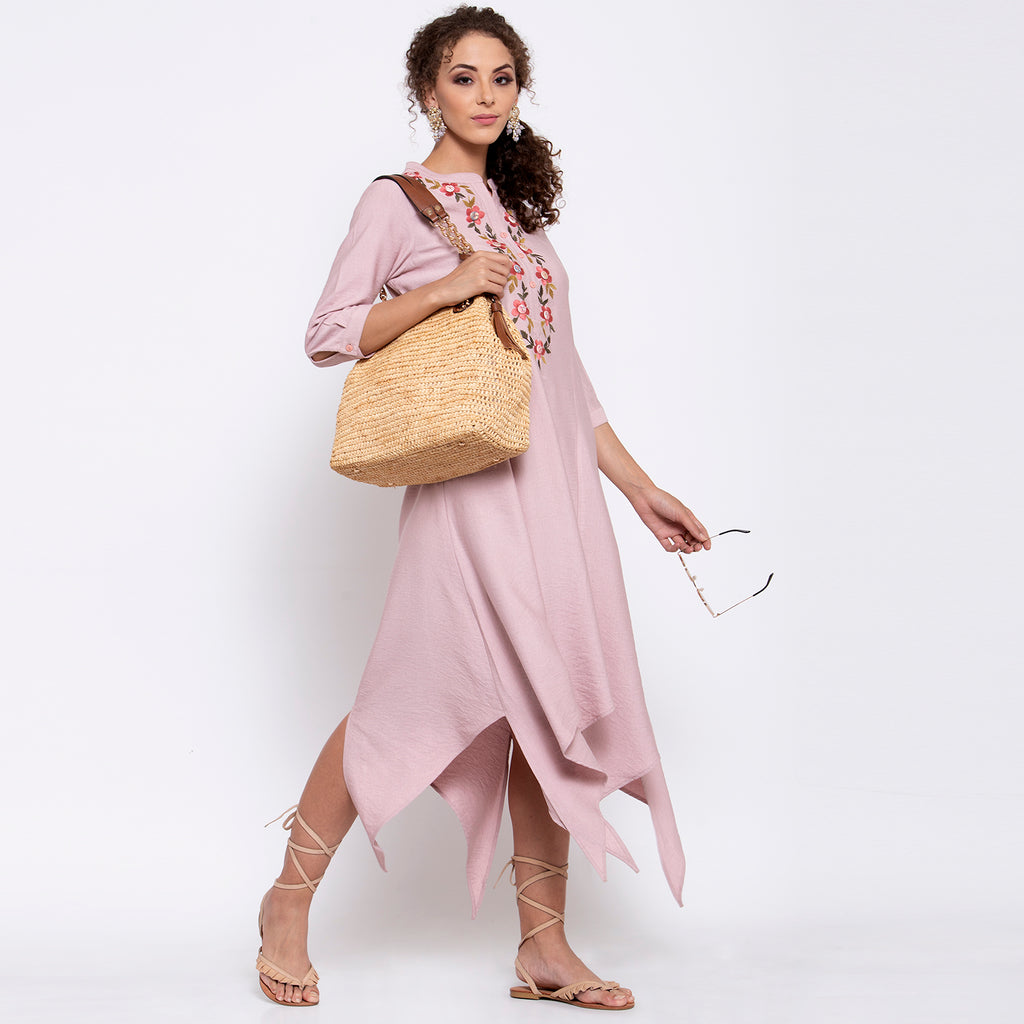 Pink linen triangle dress with buttons embroidery