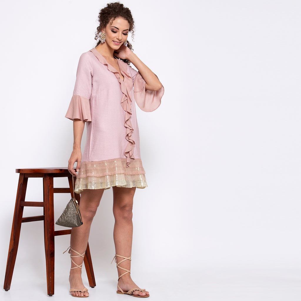 Pink Linen Frill Dress With Sequins Emboidery At Bottom