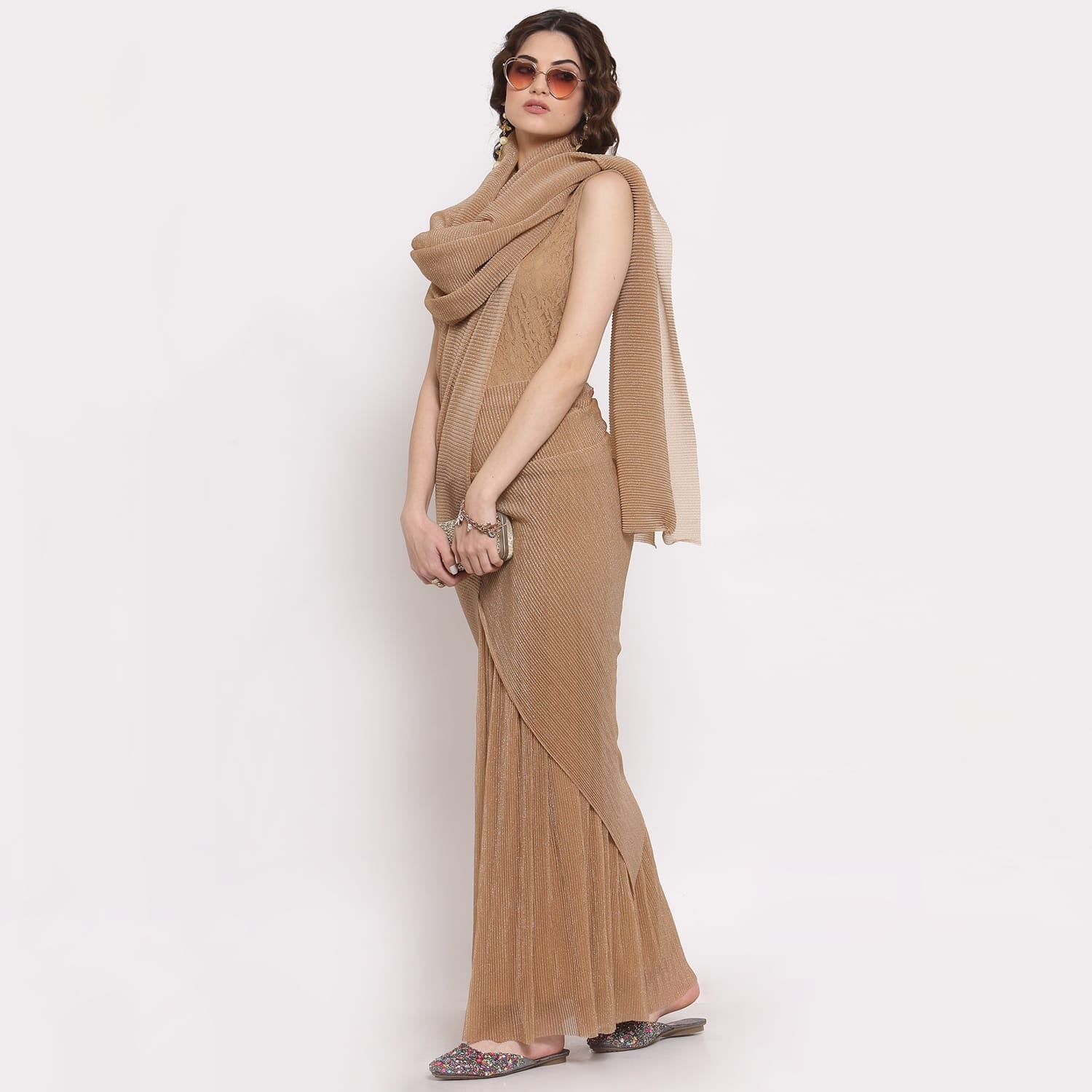 Beige Drape Saree With Net And Plisse Fabric,  saree for women, saree designs, trendy sarees, party wear saree, party wear saree for women
