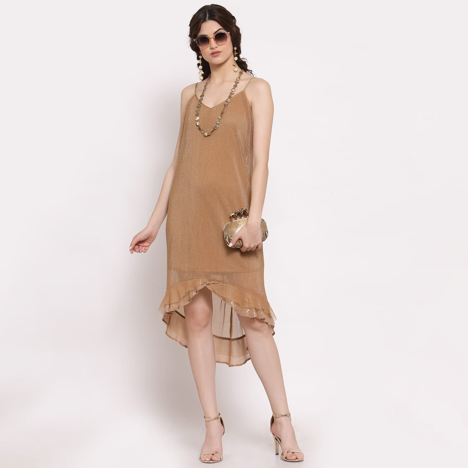 Beige Plisse Asymmetric Dresses for Women