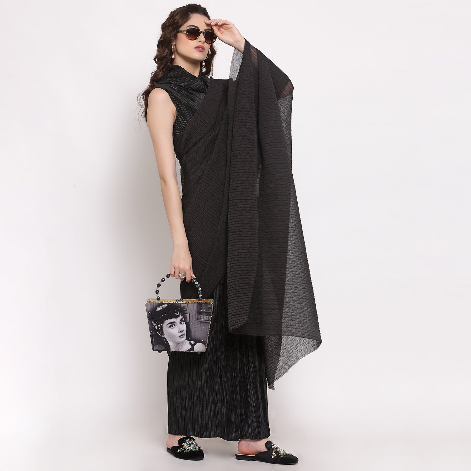 Black Satin Plisse Saree With Chiffon Fabric,  saree for women, saree designs, trendy sarees, party wear saree, party wear saree for women