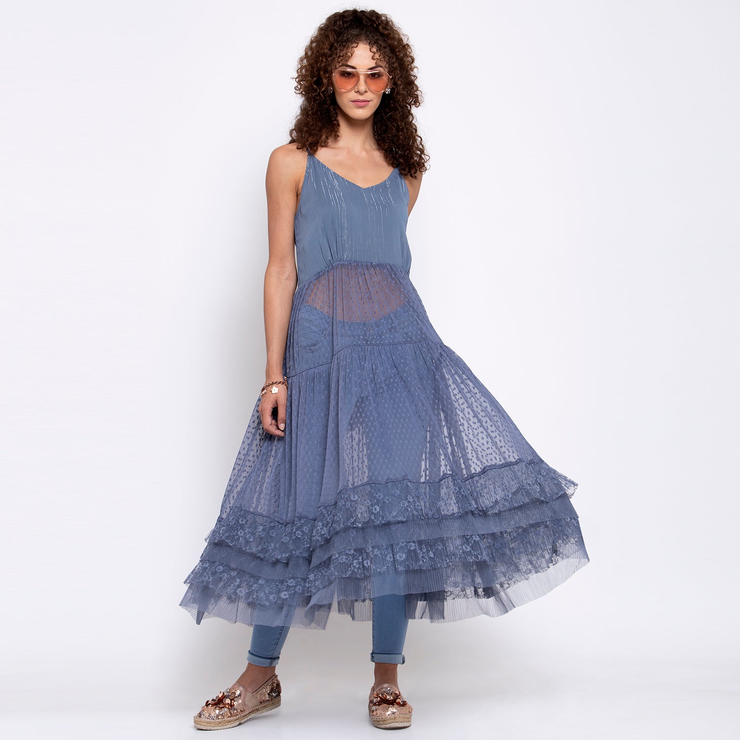 Blue Dotted Net Dress With Frill, Mesh Dress , Party dress , Holographic print dress , sequins dress 