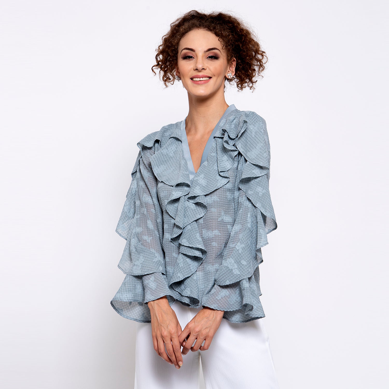 Blue Georgette Frill Drape Top for Women