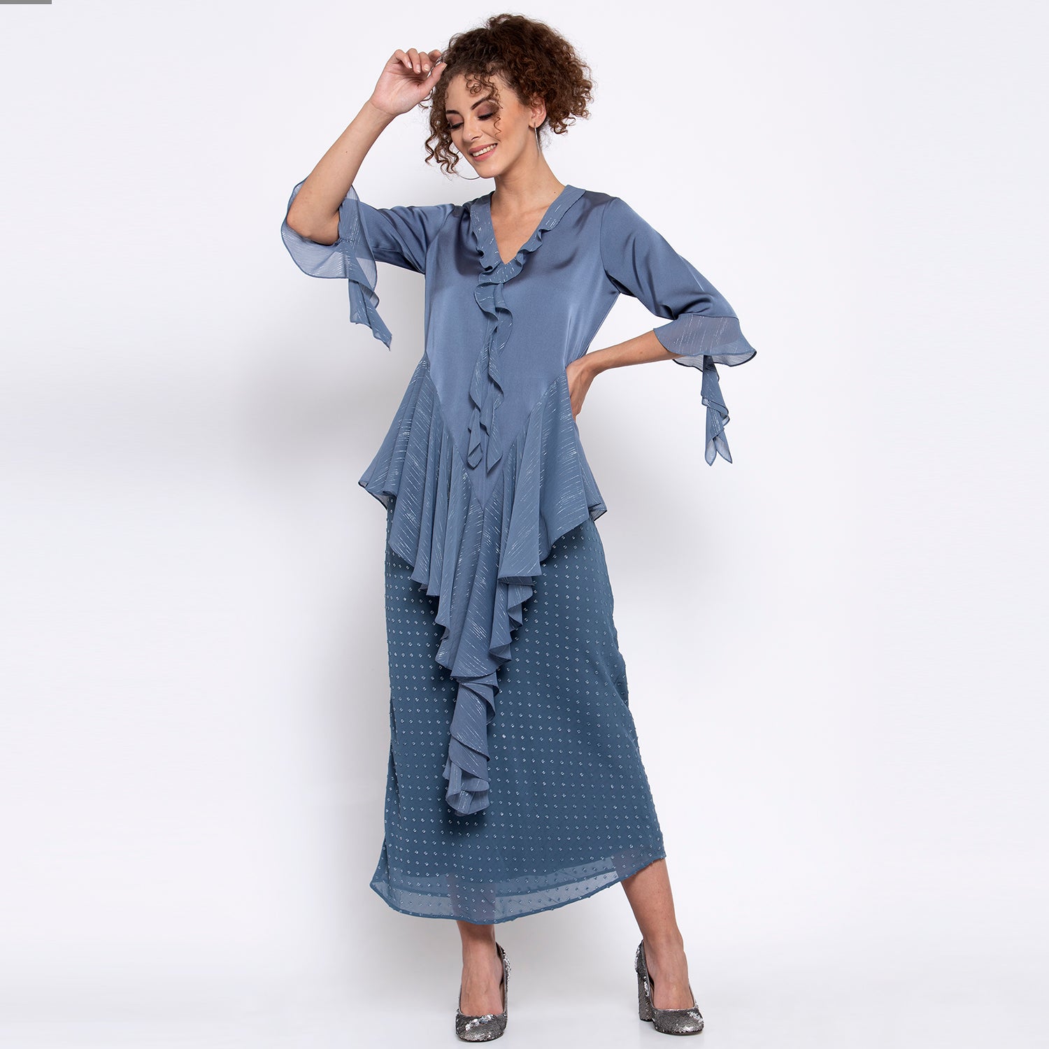 Blue Satin Chiffon Asymmetrical Frill Top