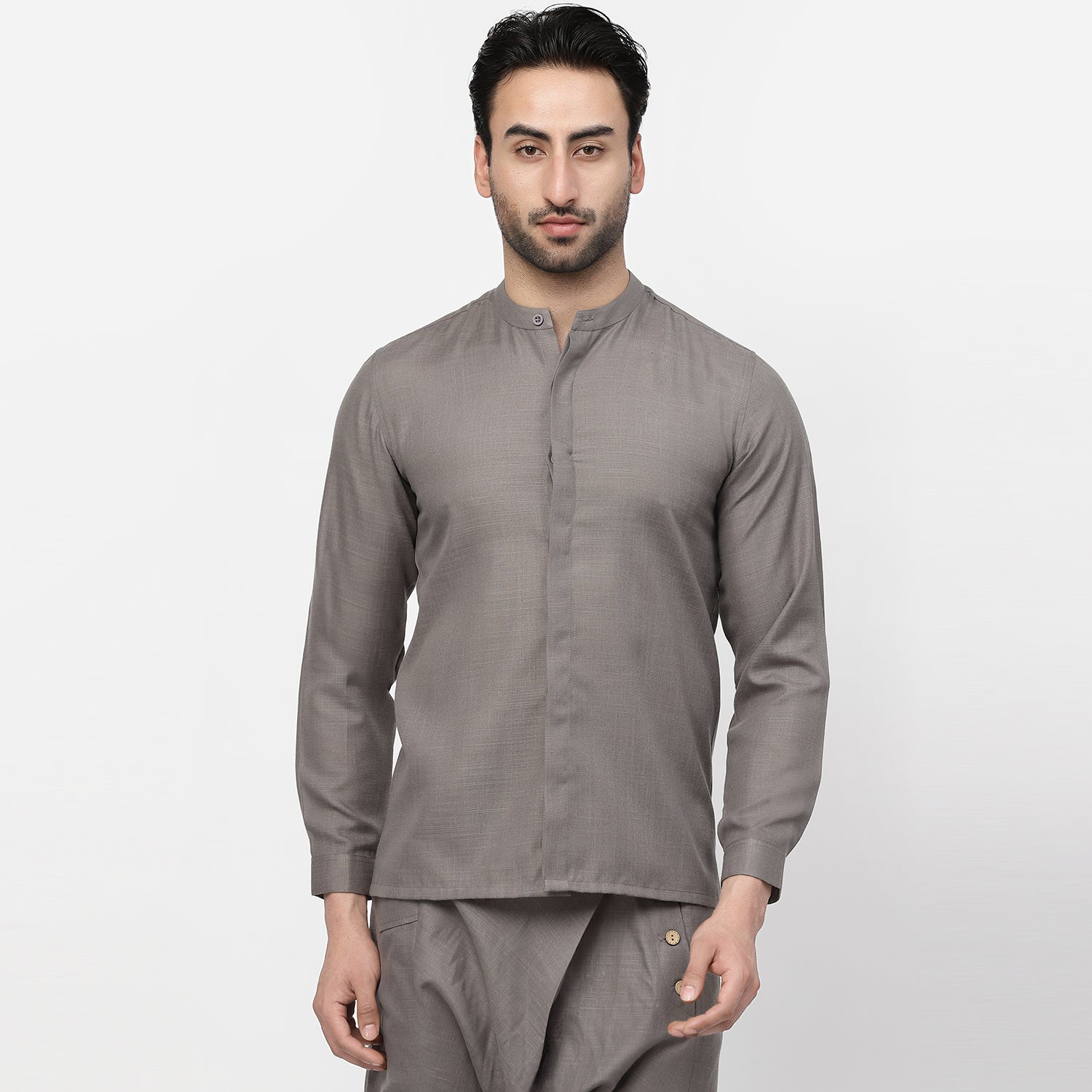Dark Grey Linen Shirt With Mandarin Collar, shirts for men, men shirts, designer shirts, stylish shirts, shirt design