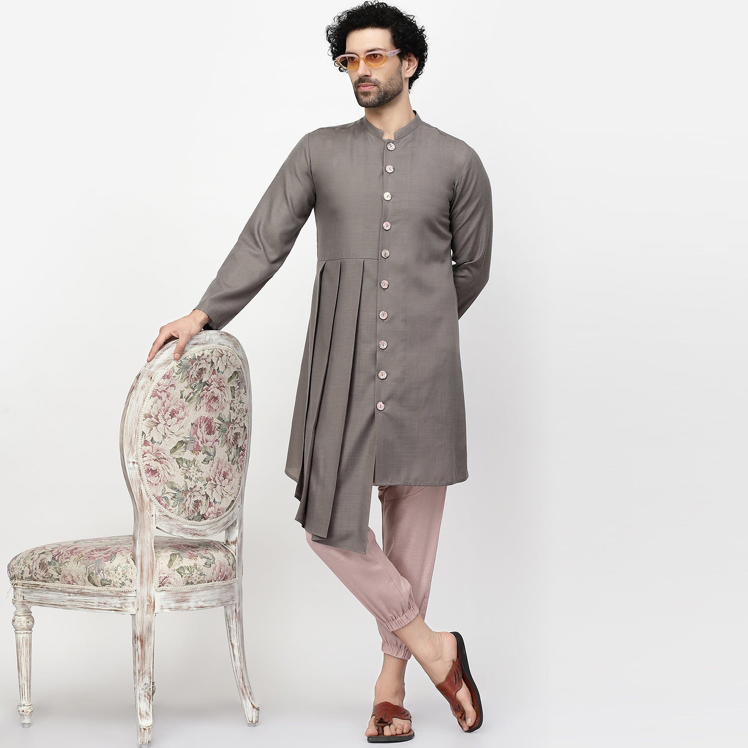 Dark Grey Pleated Long Kurta, men kurta ,designer kurta, Kurta design, kurta designs for men, men wear