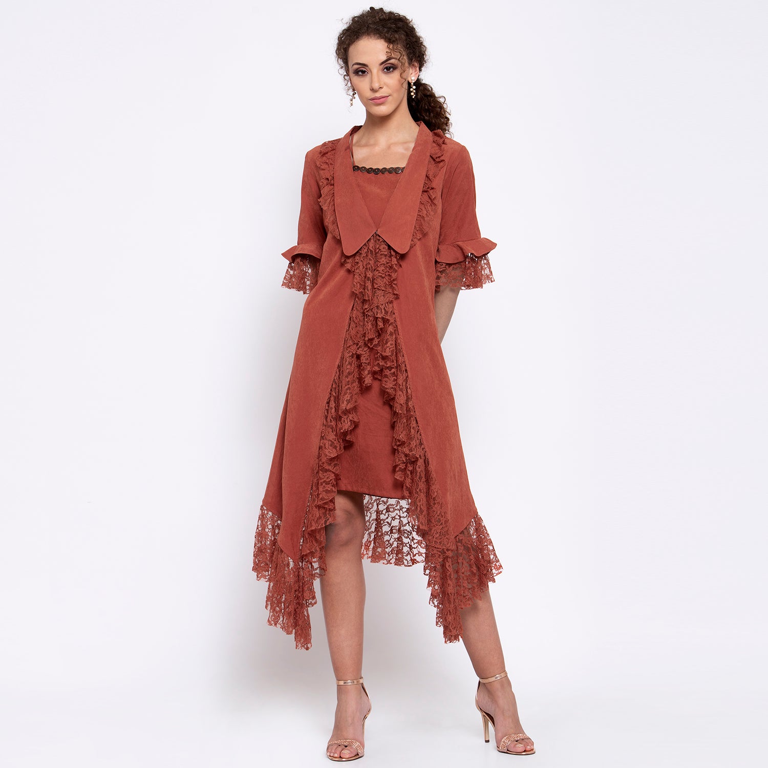 Deep Rust Asymmetrical Frill Jacket, Organza jackets, Stylish Jackets, Summer Women’s Jackets, Long Women Jackets , Short jackets for women