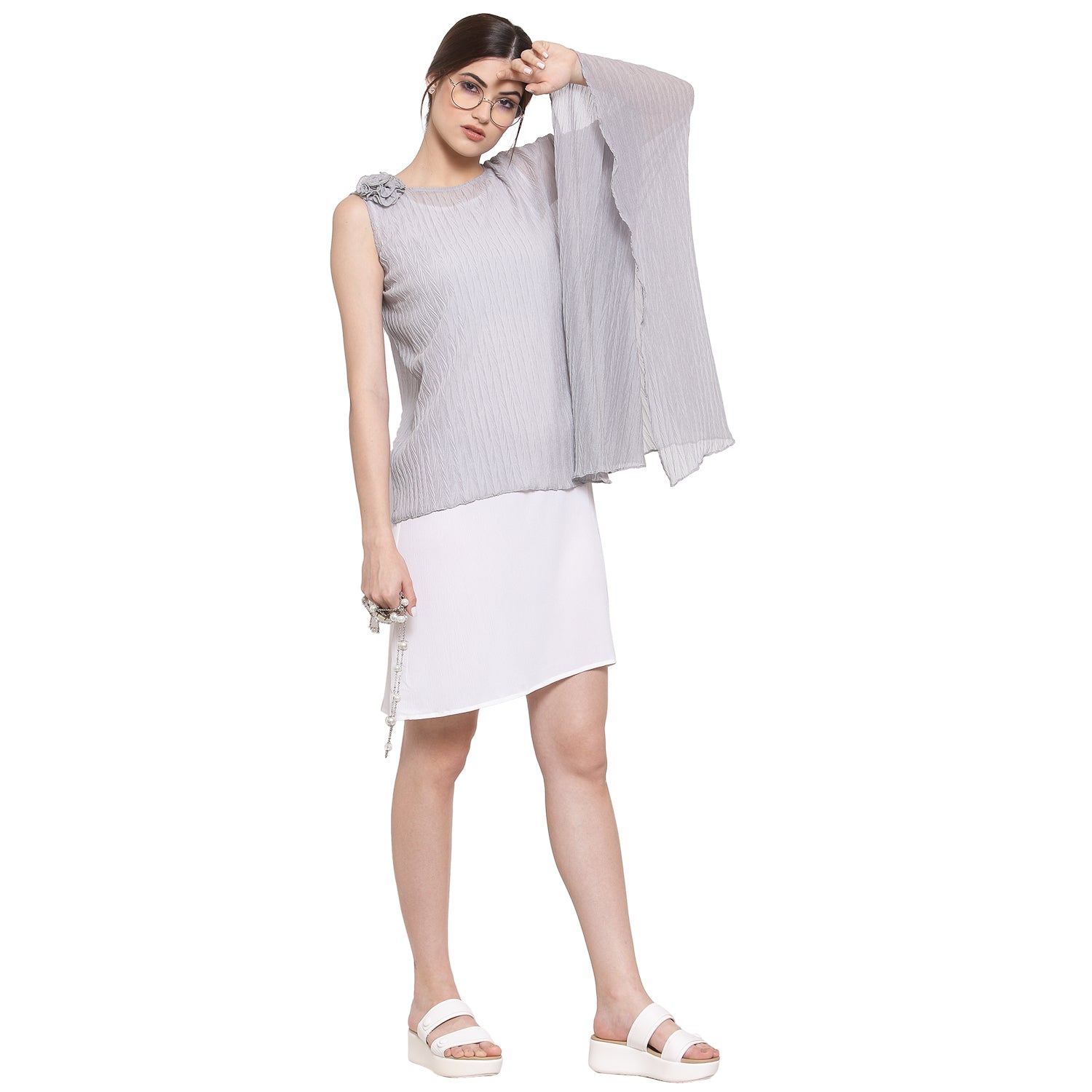 Grey Chiffon Plisse Asymmetric Top for Women