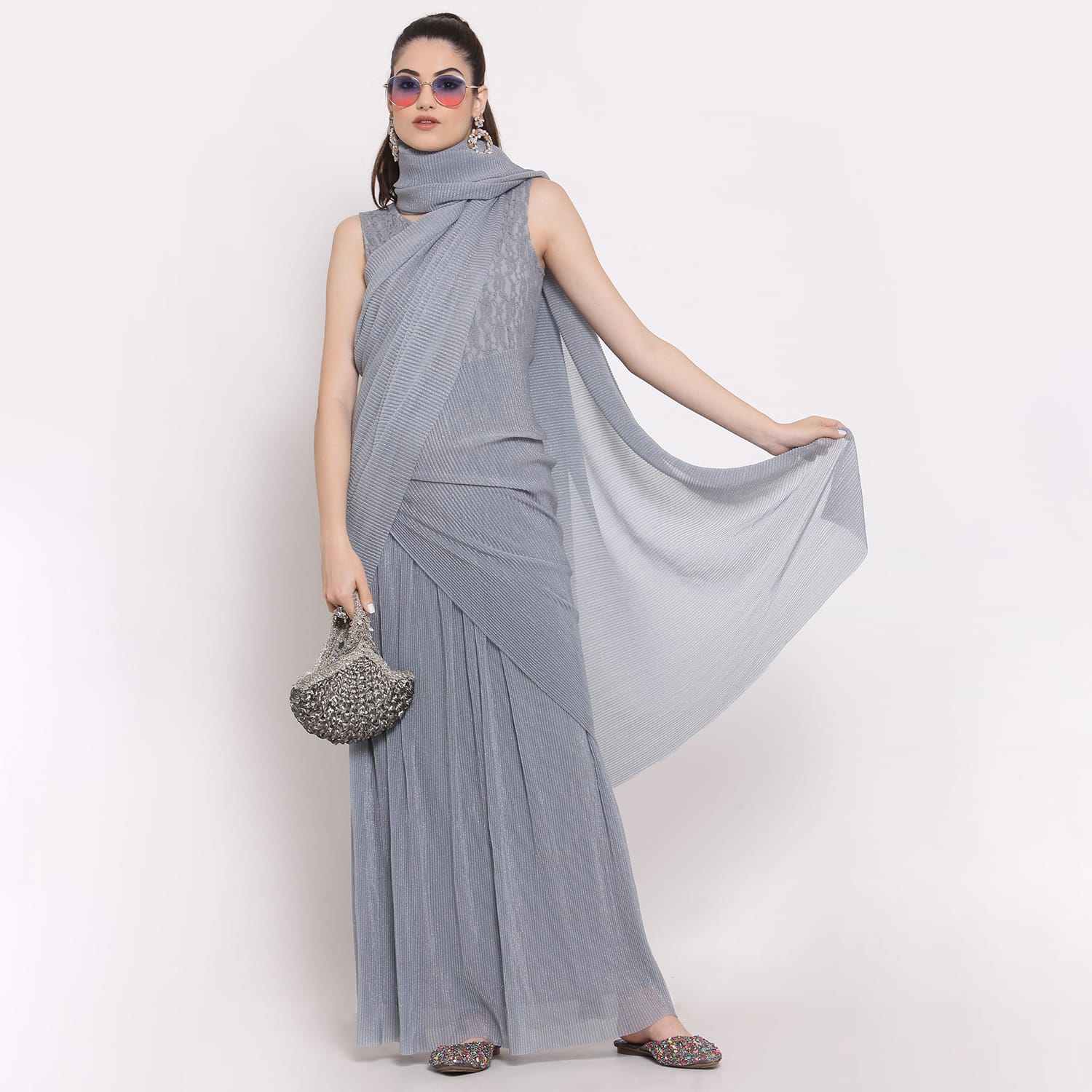 Grey Drape Saree With Net And Plisse Fabric,  saree for women, saree designs, trendy sarees, party wear saree, party wear saree for women