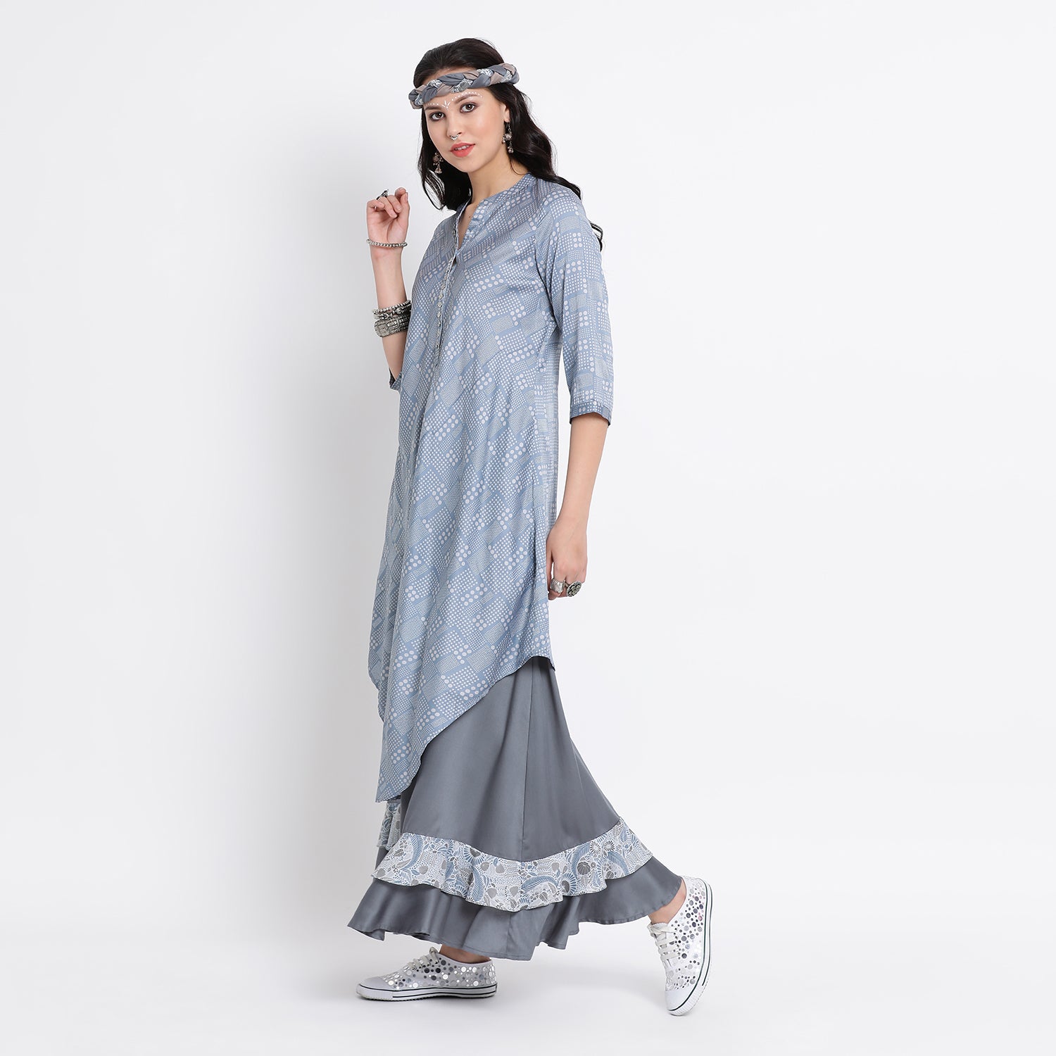 Sky Blue printed tunic with chinese collar