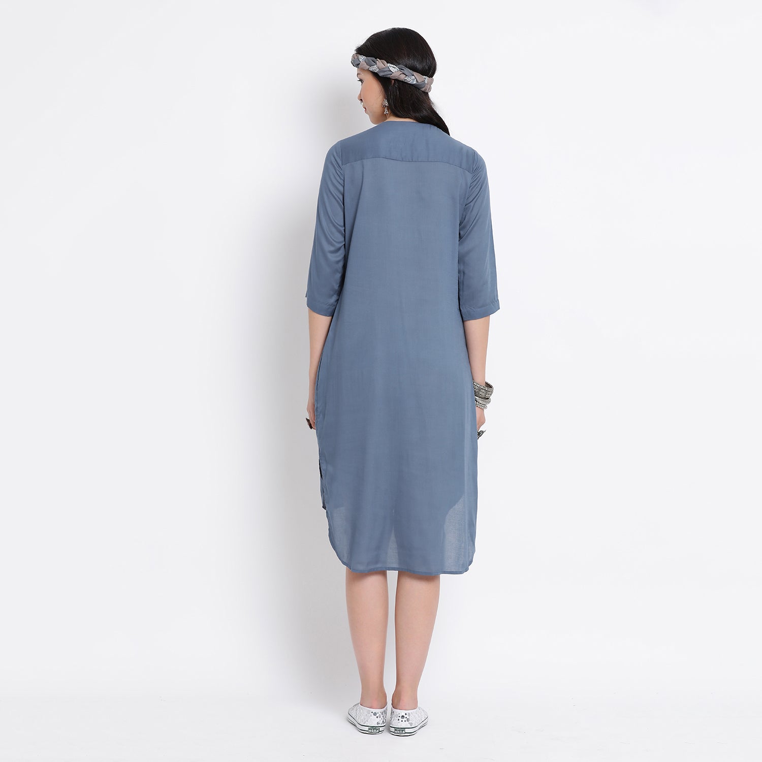 Blue long viscose tunic with mirror embroidery at yoke