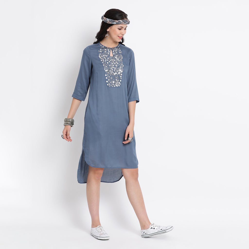 Blue long viscose tunic with mirror embroidery at yoke