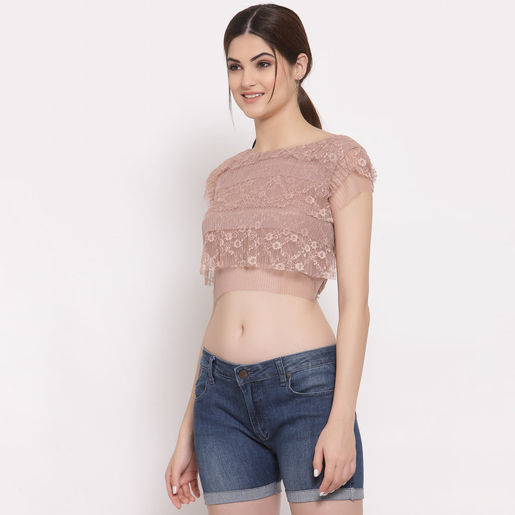 Women Pink Lace Layered Crop Top