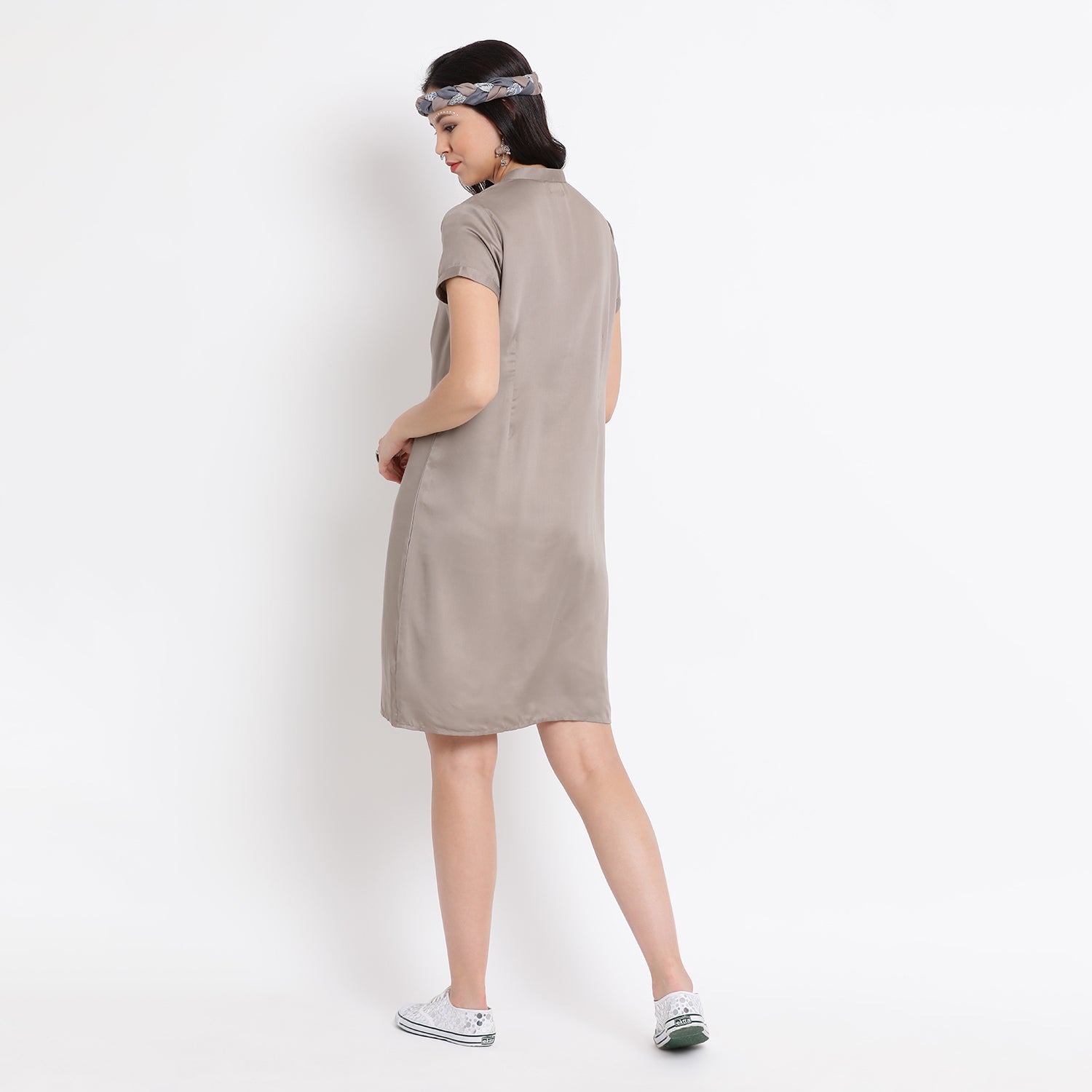 Grey viscose tunic with patch embroidery at bottom