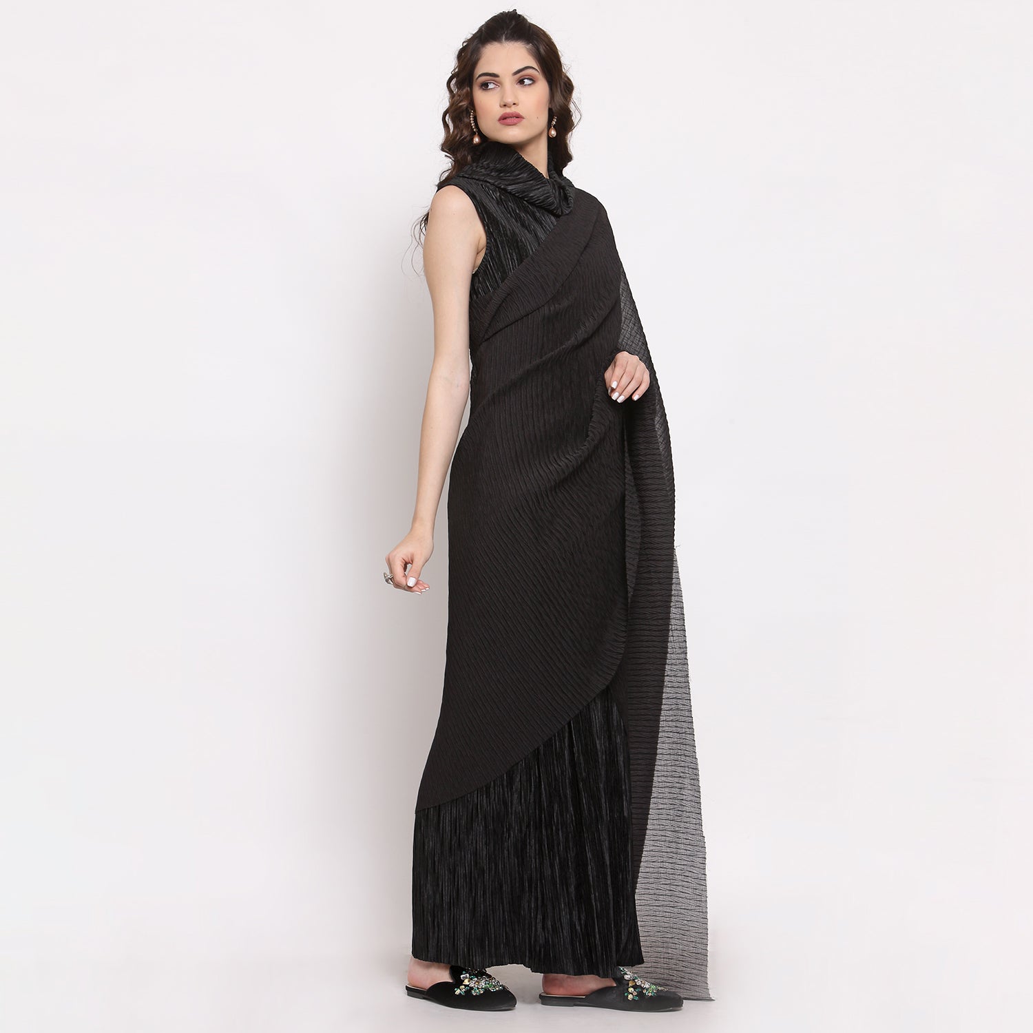Black Satin Plisse Saree With Chiffon Fabric