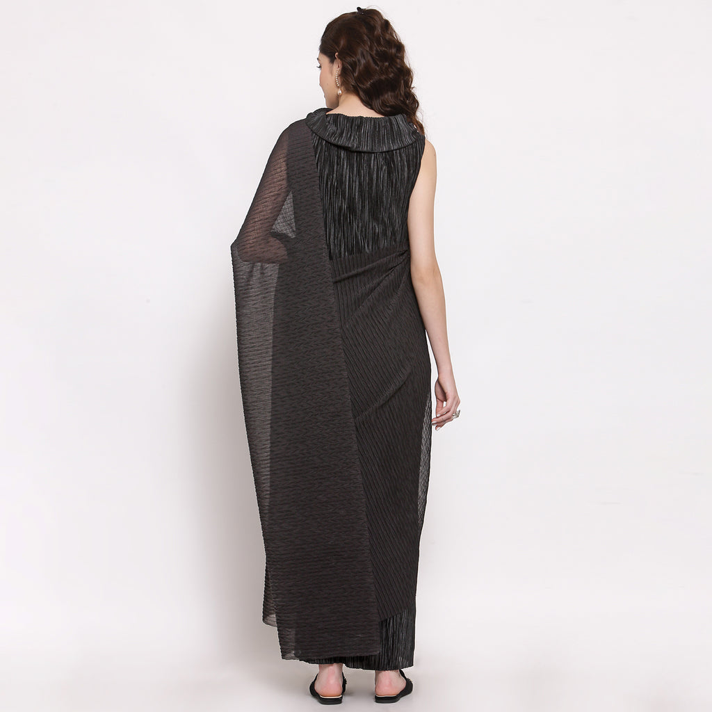 Black satin plisse saree with chiffon fabric