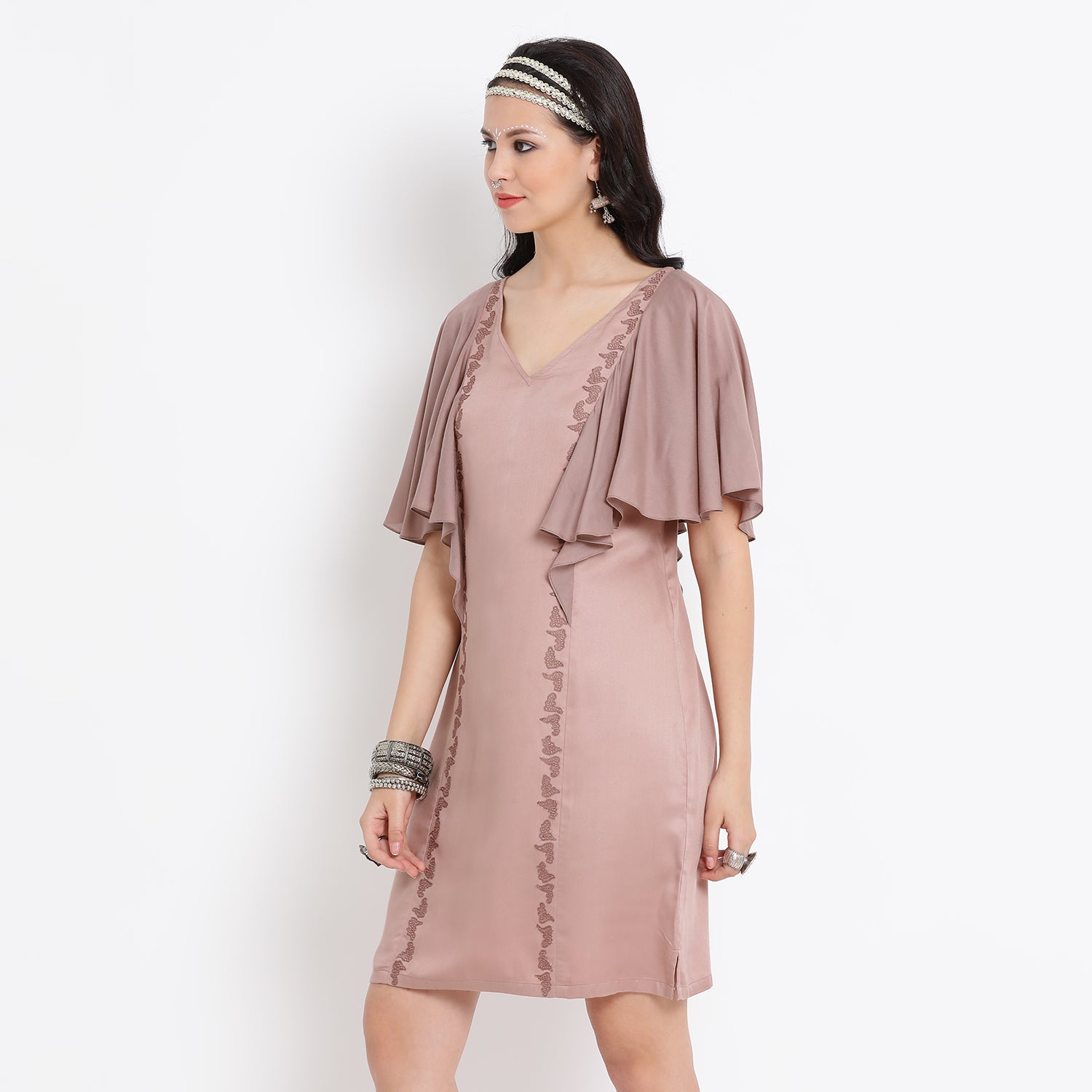 Pink viscose tunic with cape sleeves and thread embroidery