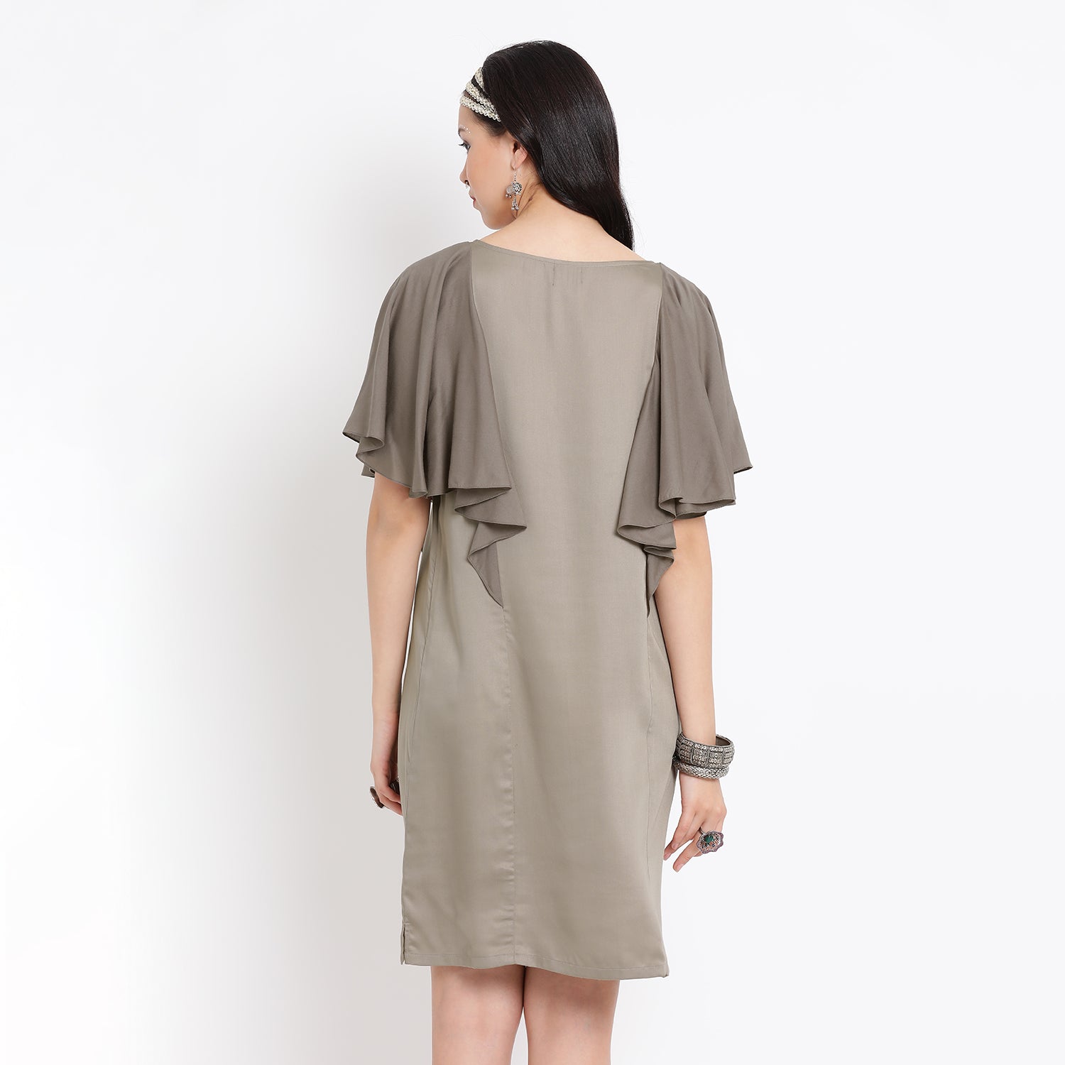 Grey viscose tunic with cape sleeve and thread embroidery