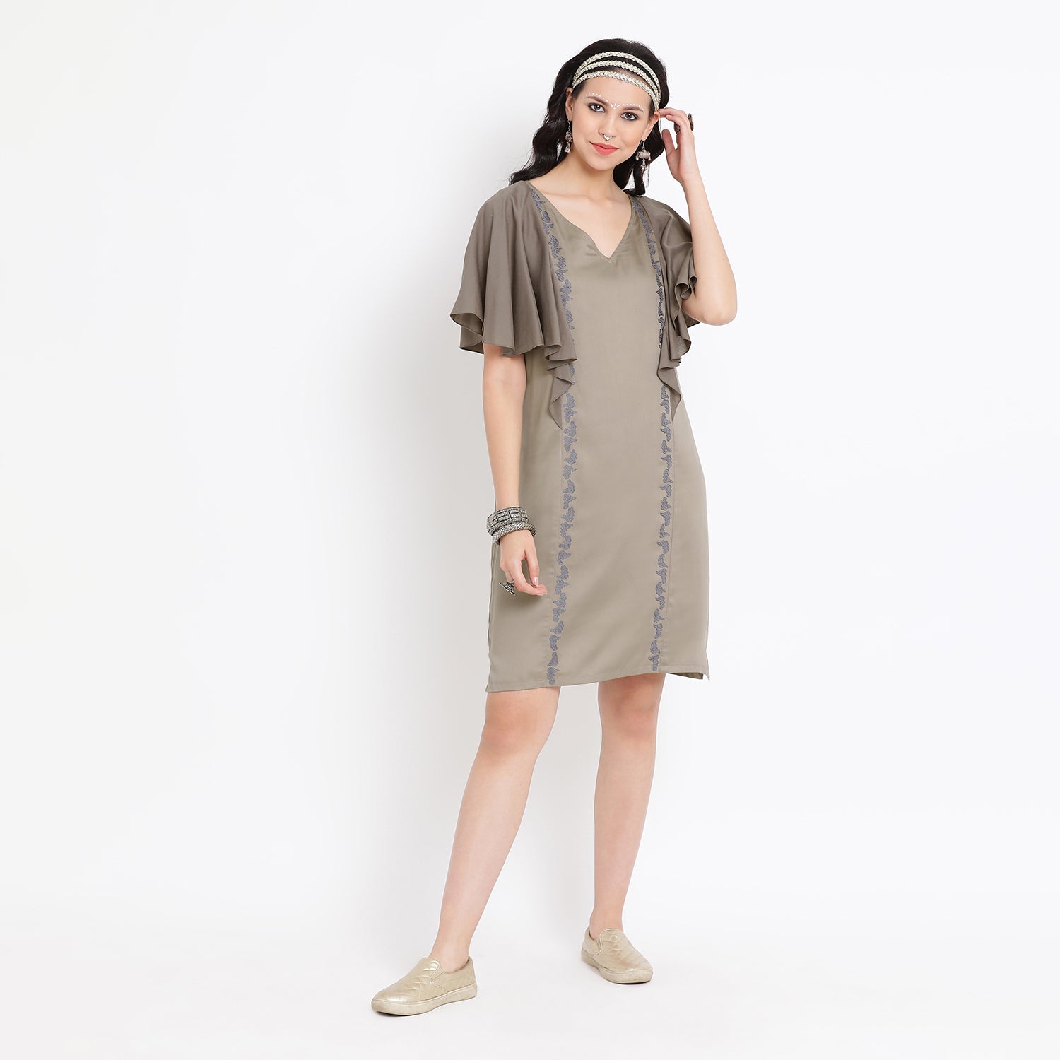 Grey viscose tunic with cape sleeve and thread embroidery