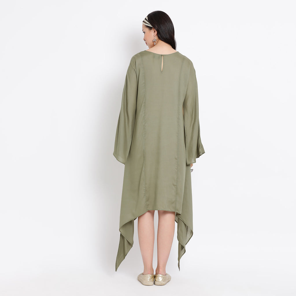 Olive viscose kaftan with embroidery at neck