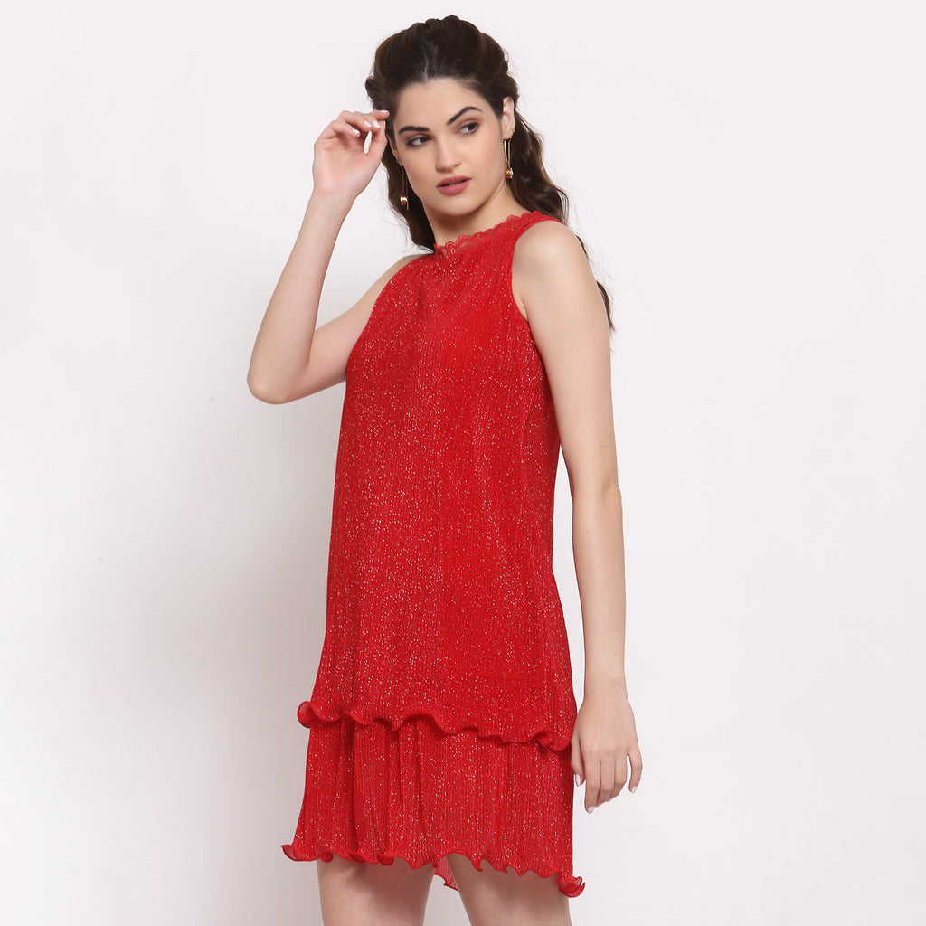 Red Plisse Double Layered Dress