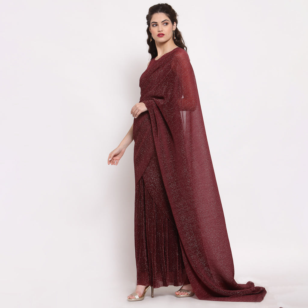 Maroon drepe saree with net and plisse fabric