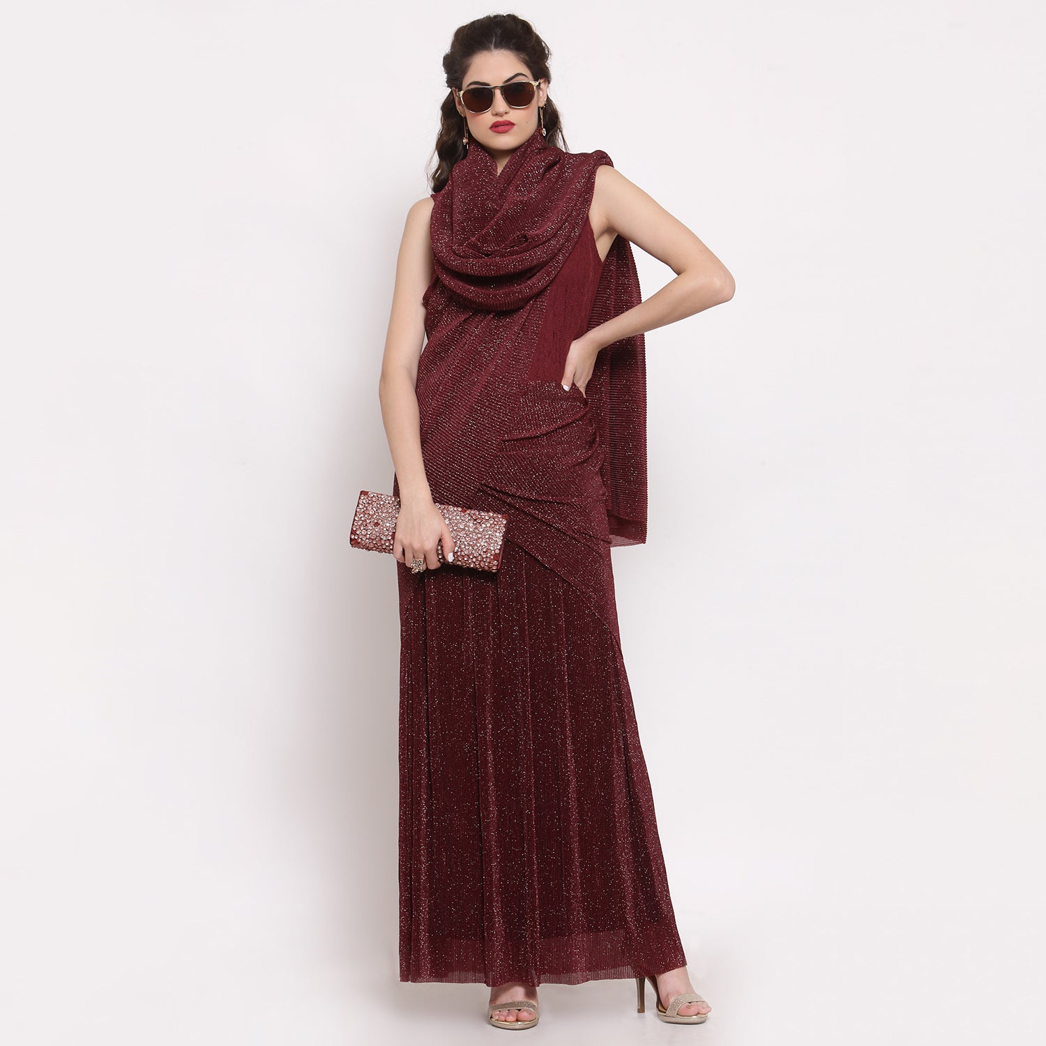 Maroon Drape Saree With Net And Plisse Fabric