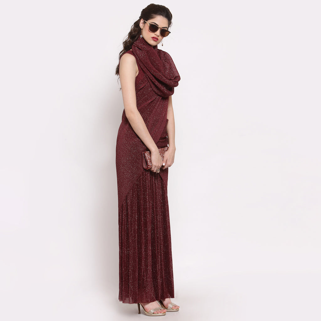 Maroon drepe saree with net and plisse fabric