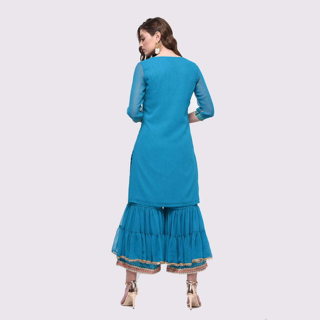 Turquoise Georgette Kurti With Bird Embroidery